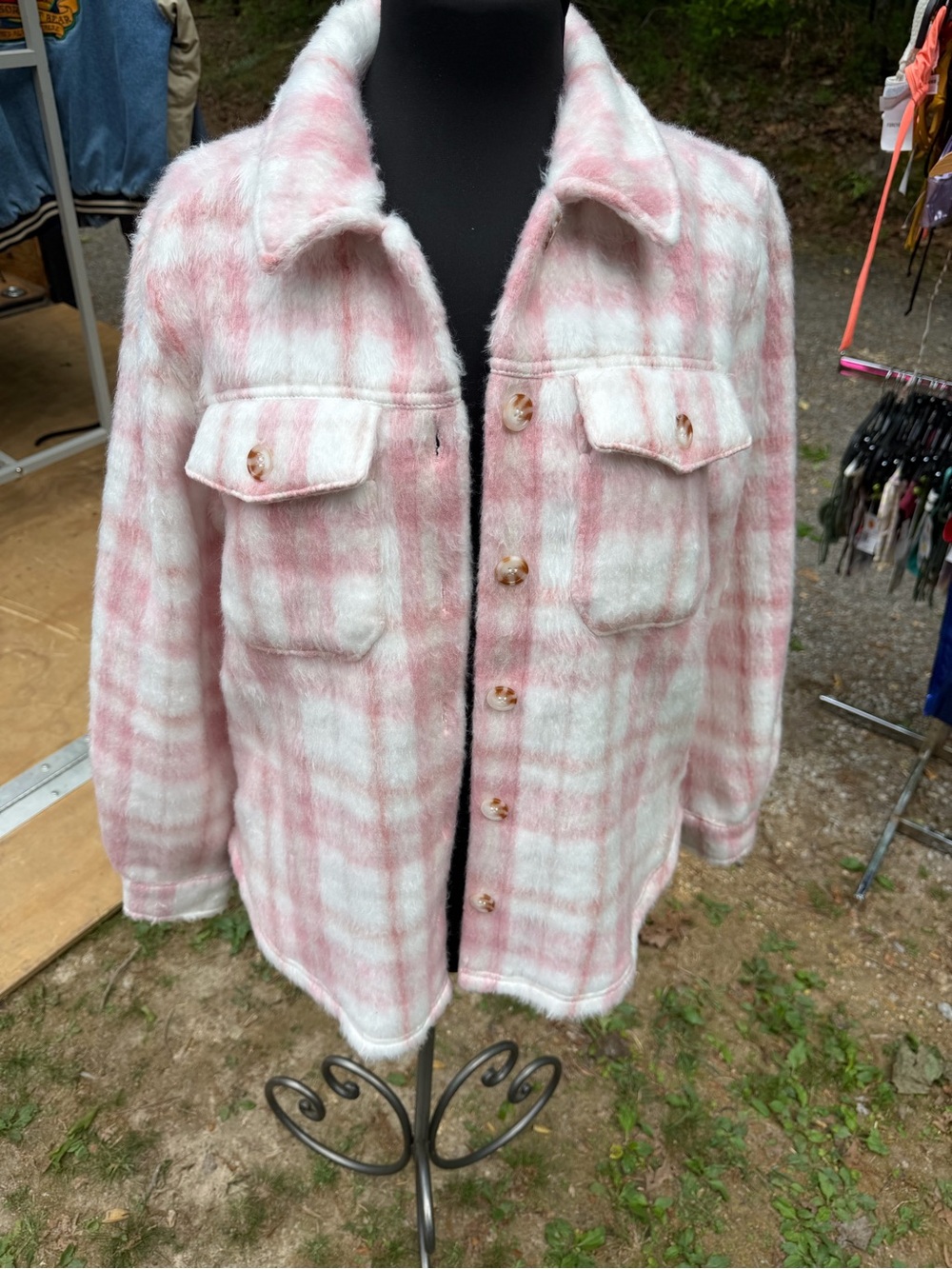 Francesca's Collections Pink & White Plaid Teddy Shacket